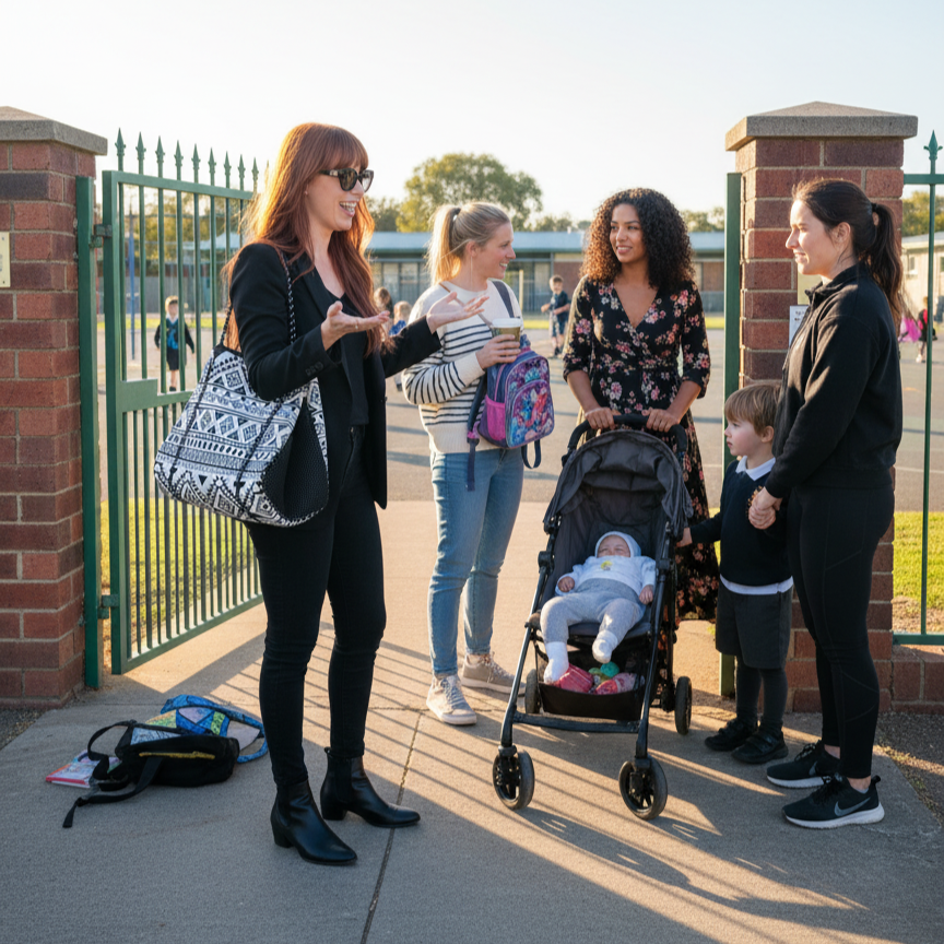 Group of women and a child with a stroller outside a building