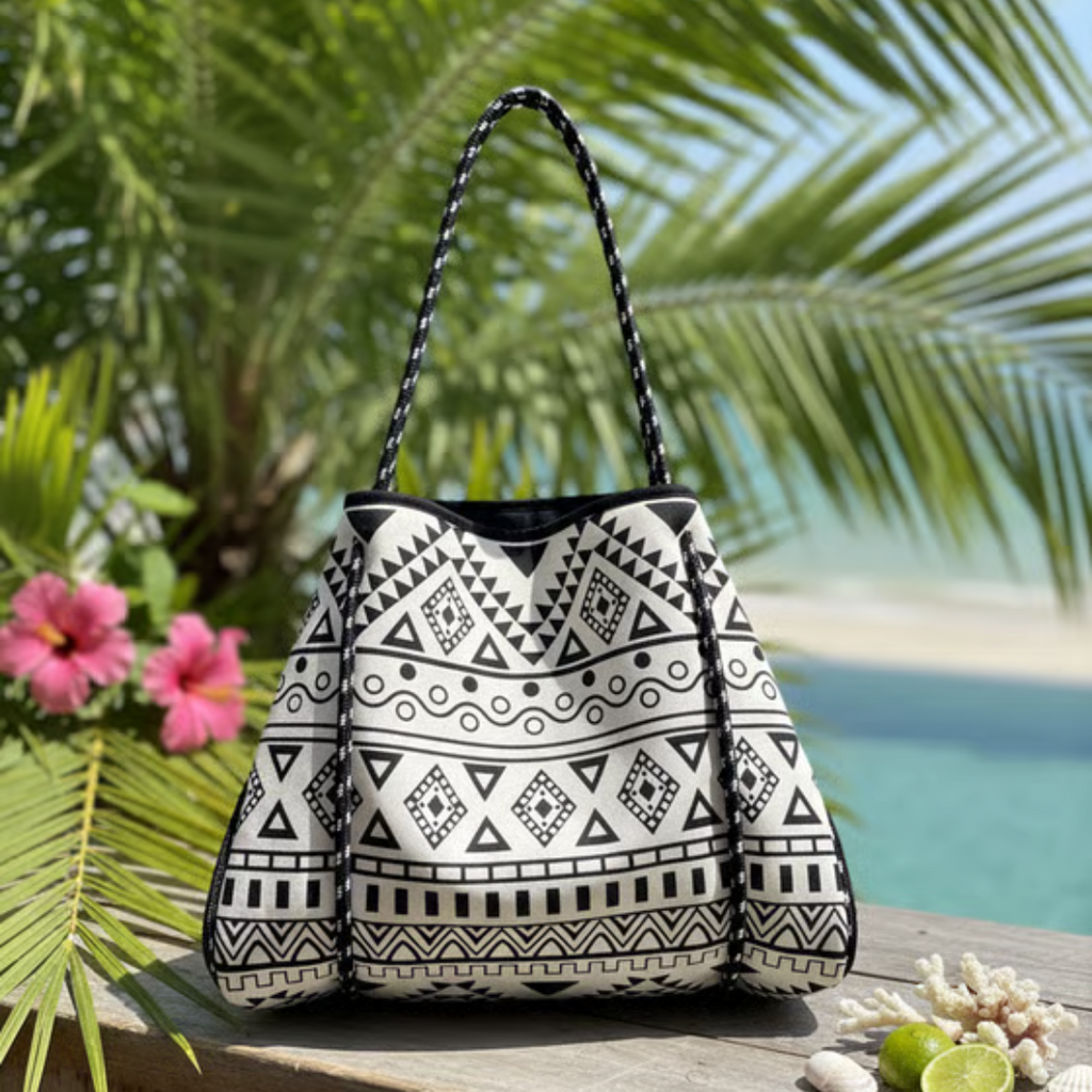 Black and white patterned bag on a table with palm leaves and flowers in the background