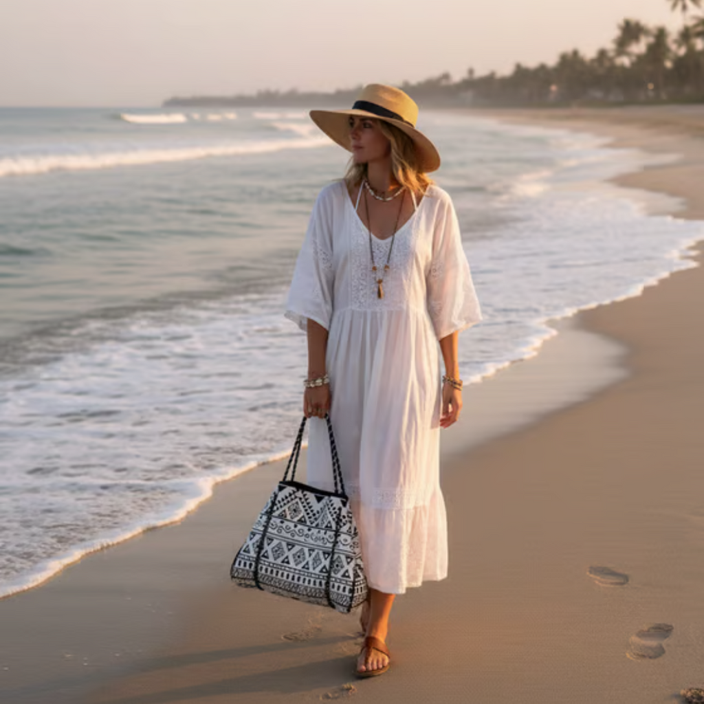Woman in a white dress and straw hat walking on a beach with ocean waves.