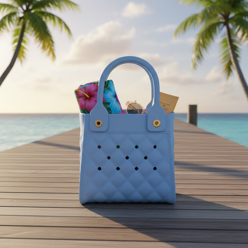 Blue quilted handbag with sunglasses and a small item on a wooden pier with palm trees and ocean in the background