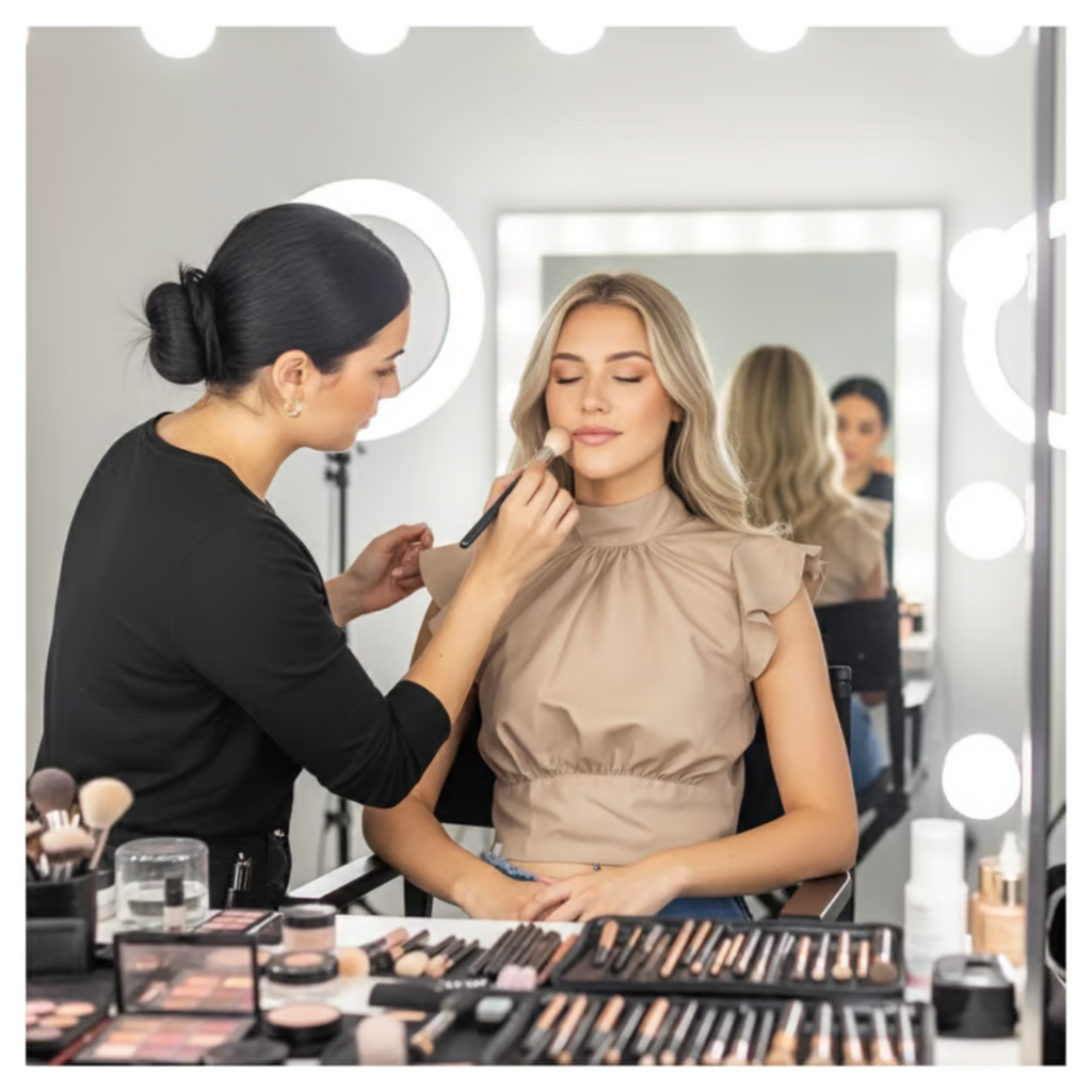 Makeup artist applying makeup to a model in a salon setting with mirrors and products.